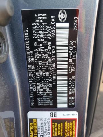 4T1B21FB8KU010820 - 2019 TOYOTA AVALON XLE GRAY photo 12