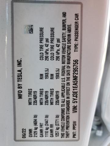 5YJ3E1EA5NF295756 - 2022 TESLA MODEL 3 WHITE photo 13