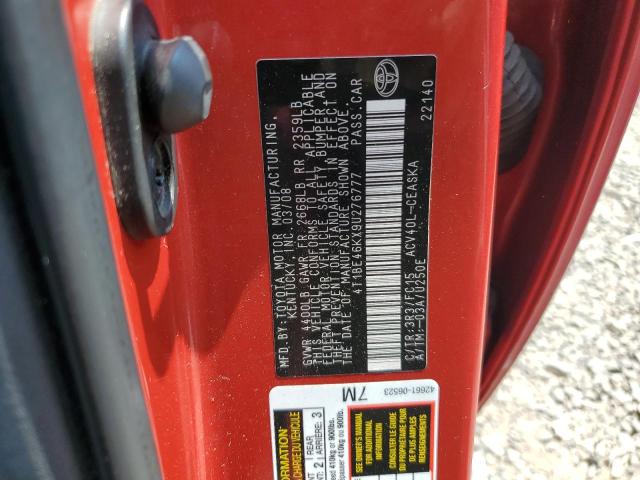 4T1BE46KX9U276777 - 2009 TOYT CAMRY BASE RED photo 12