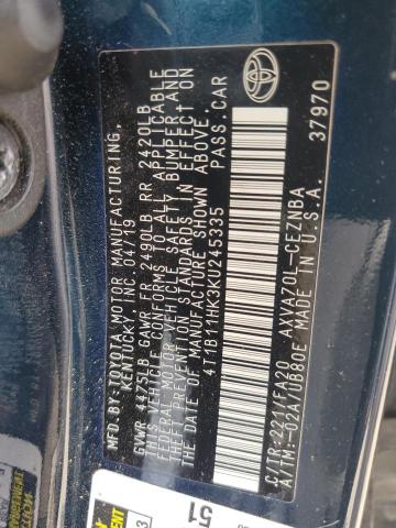 4T1B11HK3KU245335 - 2019 TOYOTA CAMRY L BLUE photo 12