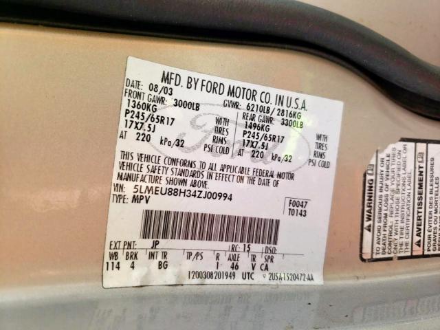 5LMEU88H34ZJ00994 - 2004 LINCOLN AVIATOR 银色 照片 10