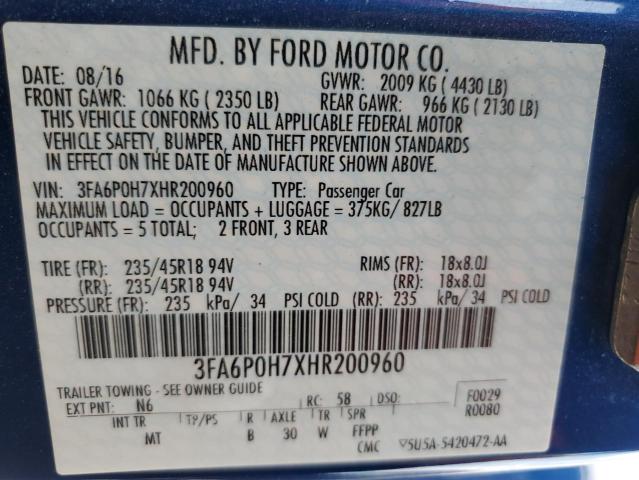 3FA6P0H7XHR200960 - 2017 FORD FUSION SE BLUE photo 12