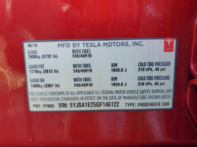 5YJSA1E25GF146122 - 2016 TESLA MODEL S Կարմիր լուսանկար 10