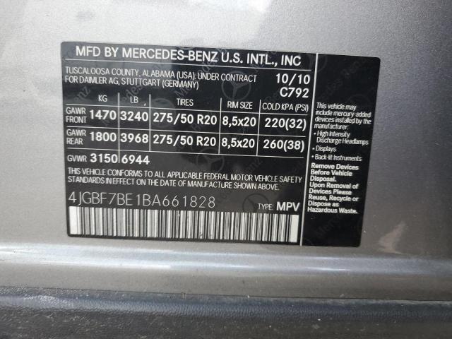 4JGBF7BE1BA661828 - 2011 MERZ GL 450 4MATIC SILVER photo 13