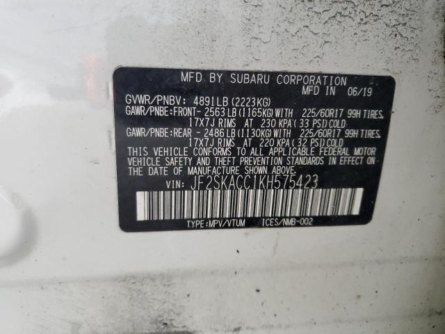 JF2SKACC1KH575423 - 2019 SUBARU FORESTER WHITE photo 12