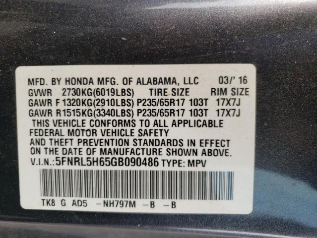 5FNRL5H65GB090486 - 2016 HONDA ODYSSEY EXL CHARCOAL photo 12