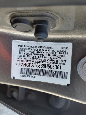2HGFA16838H506361 - 2008 HONDA CIVIC EX GRAY photo 12