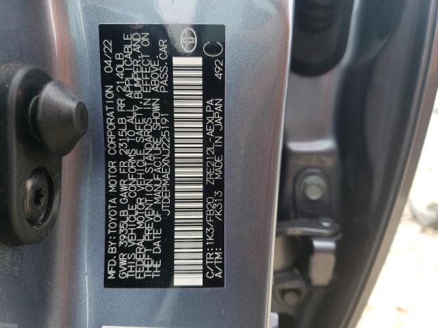 JTDEPMAEXNJ225191 - 2022 TOYOTA COROLLA LE GRAY photo 12