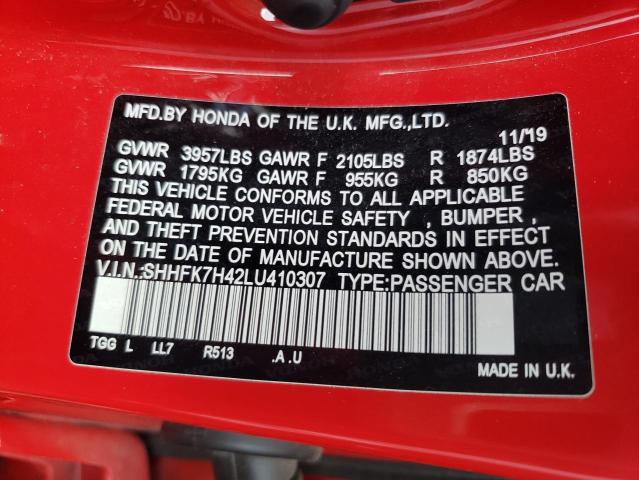 SHHFK7H42LU410307 - 2020 HONDA CIVIC SPORT 红色 照片 12