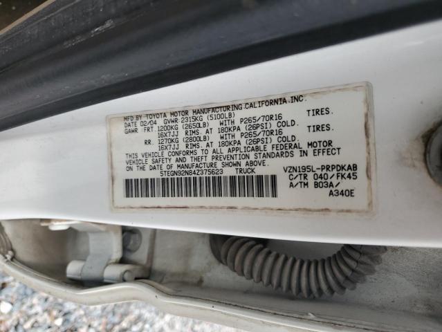 5TEGN92N84Z375623 - 2004 TOYOTA TACOMA DOUBLE CAB PRERUNNER WHITE photo 12