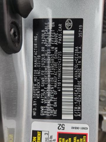 4T1B11HK6KU243725 - 2019 TOYOTA CAMRY L SILVER photo 13