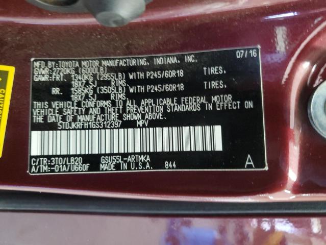 5TDJKRFH1GS312397 - 2016 TOYOTA HIGHLANDER XLE MAROON photo 14