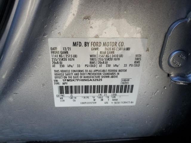 1FMSK7FH8NGA32925 - 2022 FORD EXPLORER LIMITED 银色 照片 13