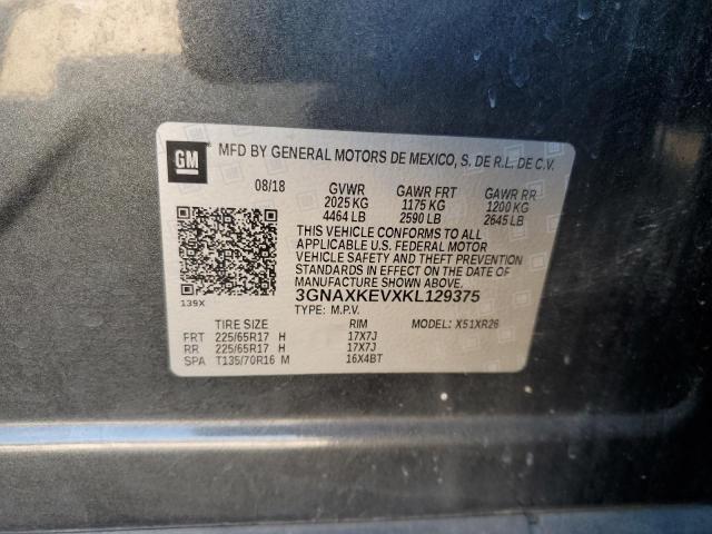 3GNAXKEVXKL129375 - 2019 CHEVROLET EQUINOX LT ნაცრისფერი ფოტო 13