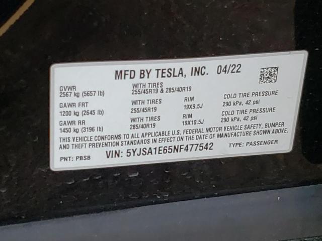 5YJSA1E65NF477542 - 2022 TESLA MODEL S Սև լուսանկար 13