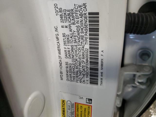 1HGCV3F53MA000322 - 2021 HONDA ACCORD HYBRID EXL WHITE photo 13