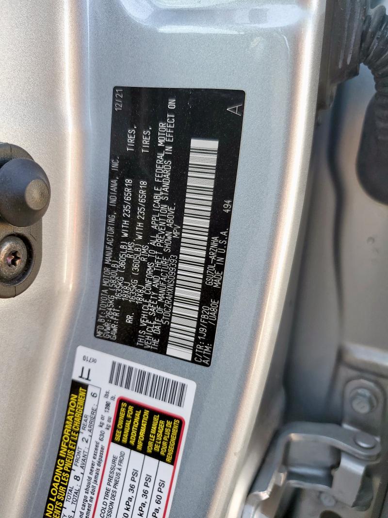 5TDCZRAHXNS099393 - 2022 TOYOTA HIGHLANDER L SILVER photo 13