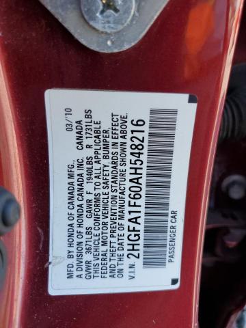 2HGFA1F60AH548216 - 2010 HONDA CIVIC LX-S Bordo foto 13