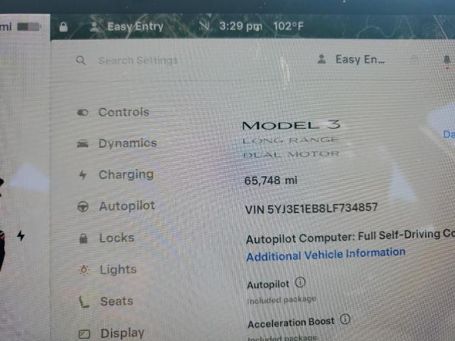 5YJ3E1EB8LF734857 - 2020 TESLA MODEL 3 შავი ფოტო 9