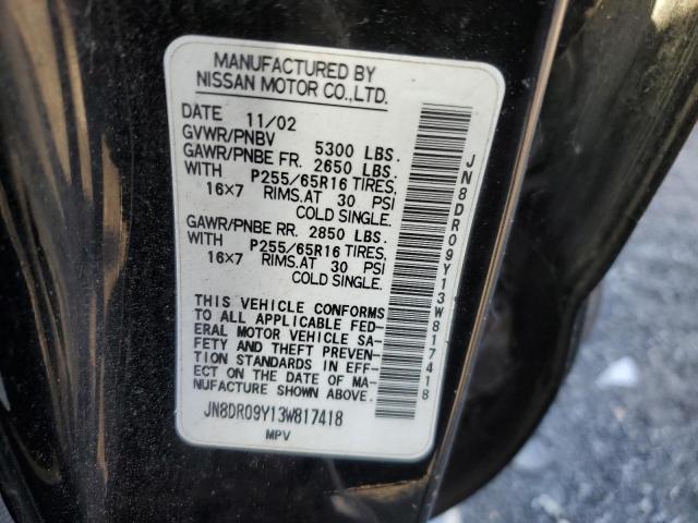 JN8DR09Y13W817418 - 2003 NISSAN PATHFINDER LE BLACK photo 13