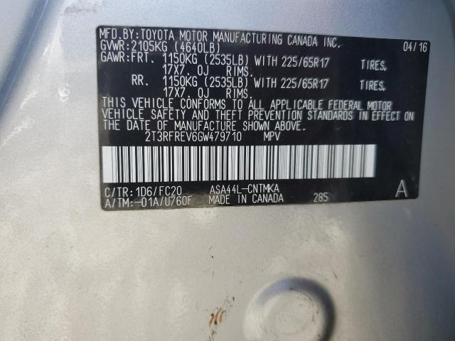 2T3RFREV6GW479710 - 2016 TOYOTA RAV4 XLE SILVER photo 12