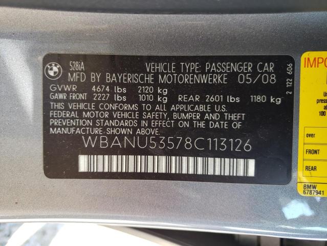 WBANU53578C113126 - 2008 BMW 528 I GRAY photo 12