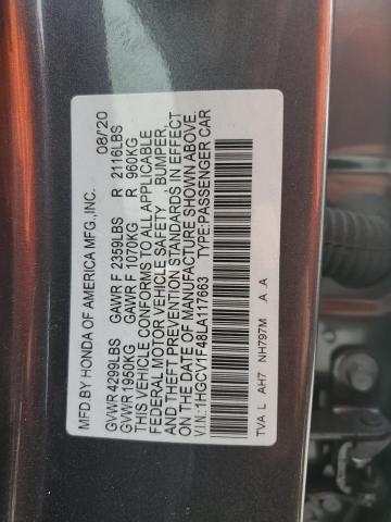 1HGCV1F48LA117663 - 2020 HONDA ACCORD EX GRAY photo 12