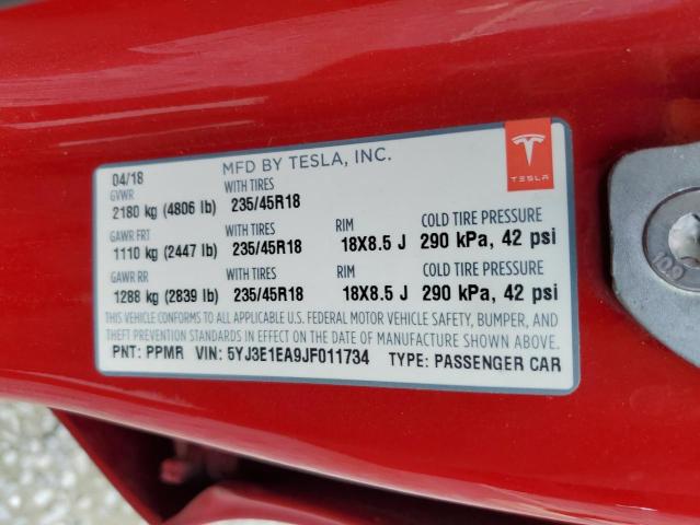5YJ3E1EA9JF011734 - 2018 TESLA MODEL 3 RED photo 13