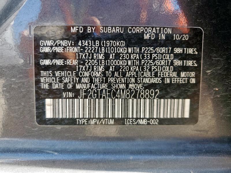 JF2GTAEC4M8278892 - 2021 SUBARU CROSSTREK PREMIUM 灰色 照片 13