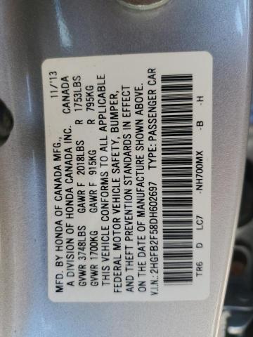 2HGFB2F58DH602697 - 2013 HONDA CIVIC LX SILVER photo 12