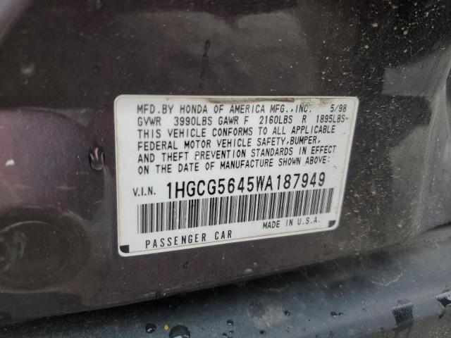 1HGCG5645WA187949 - 1998 HONDA ACCORD LX CHARCOAL photo 13