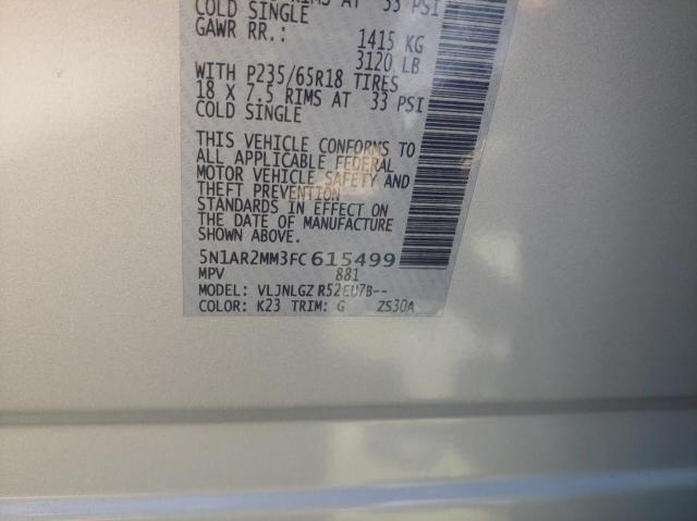 5N1AR2MM3FC615499 - 2015 NISSAN PATHFINDER S SILVER photo 10