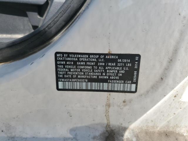 1VWAS7A38FC003278 - 2015 VOLKSWAGEN PASSAT S 白色 照片 12