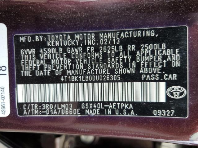 4T1BK1EB0DU026305 - 2013 TOYOTA AVALON BASE 勃艮第红 照片 12