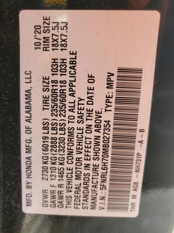 5FNRL6H70MB027354 - 2021 HONDA ODYSSEY EXL შავი ფოტო 12