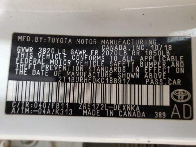 2T1BURHE0KC188917 - 2019 TOYOTA COROLLA L WHITE photo 12