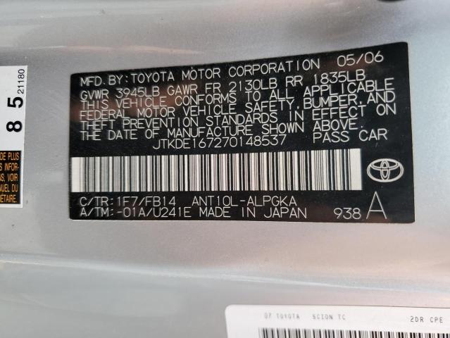 JTKDE167270148537 - 2007 TOYOTA SCION TC SILVER photo 12