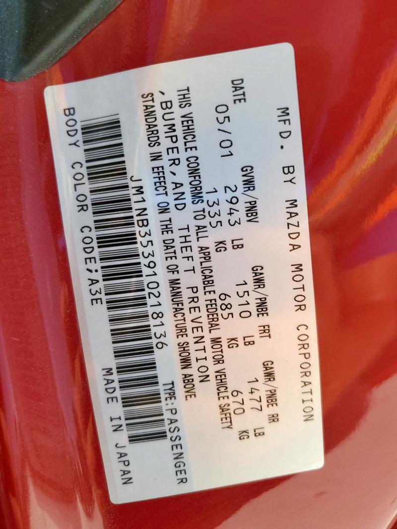 JM1NB353910218136 - 2001 MAZDA MX-5 MIATA BASE RED photo 13