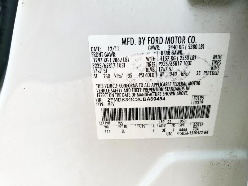 2FMDK3GC3CBA69454 - 2012 FORD EDGE SE WHITE photo 14