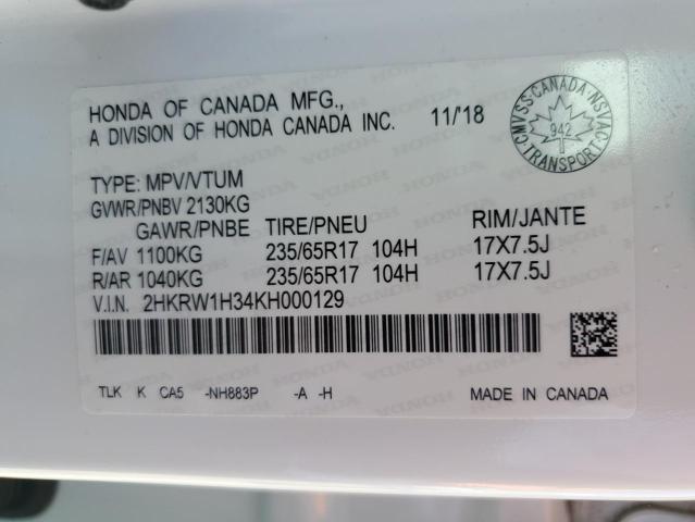 2HKRW1H34KH000129 - 2019 HONDA CR-V LX Ақ фото 14