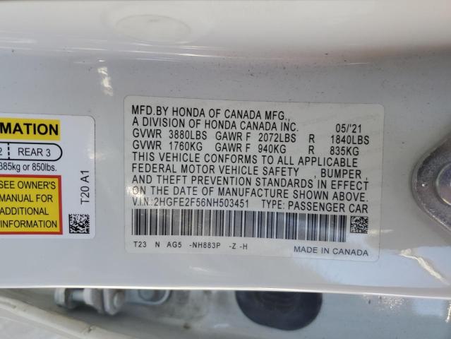 2HGFE2F56NH503451 - 2022 HONDA CIVIC SPORT თეთრი ფოტო 12