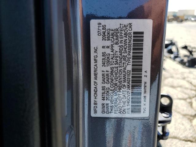 1HGCV2F34KA031522 - 2019 HONDA ACCORD SPORT ნაცრისფერი ფოტო 13