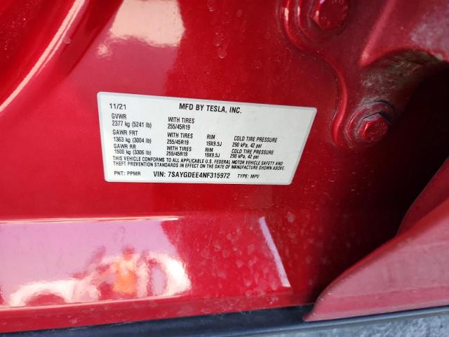 7SAYGDEE4NF315972 - 2022 TESLA MODEL Y 红色 照片 12