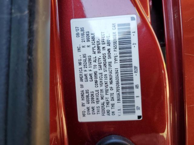 19UUA76508A004941 - 2008 ACURA TL TYPE S RED photo 10