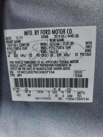 1FMCU0D76CKB37134 - 2012 FORD ESCAPE XLT SILVER photo 12