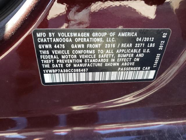 1VWBP7A39CC085457 - 2012 VOLKSWAGEN PASSAT SE MAROON photo 12