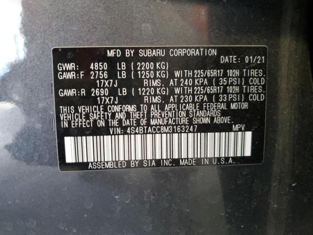 4S4BTACC8M3163247 - 2021 SUBARU OUTBACK PREMIUM GRAY photo 12