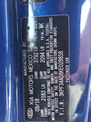 3KPF34AD8KE028858 - 2019 KIA FORTE GT LINE BLUE photo 12