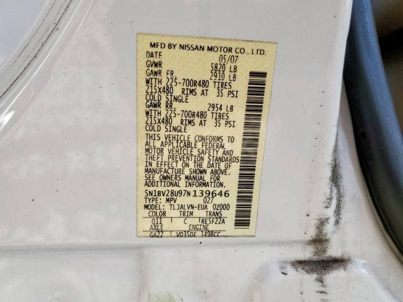 5N1BV28U97N139646 - 2007 NISSAN QUEST S WHITE photo 13