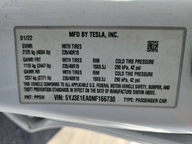 5YJ3E1EA0NF166730 - 2022 TESLA MODEL 3 WHITE photo 13